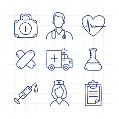 Doodle medical icons set part 1. Doodle icons. Vector illustration