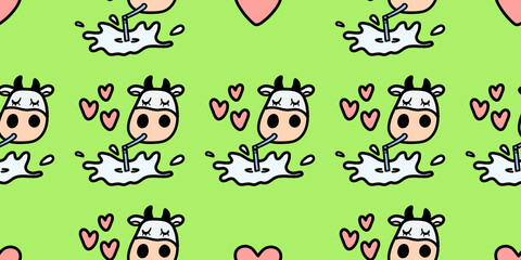 Vector pattern with cow drinking tasty milk. Seamless design in line doodle style for textile prints, funny wrapping paper, milk packages etc.