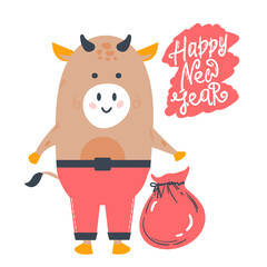 year of the bull postcard. Year of the bull. 2021. Happy New Year. Funny bull character on a white background. New year greeting card, poster