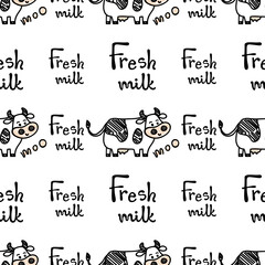 Vector smiling standing cow pattern with Fresh milk and Moo lettering. Seamless cute design in sketch doodle or marker style with outline. For textile prints, wrapping paper, milk packages etc.