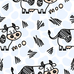 Vector smiling standing cow pattern on a spot background. Seamless cute design in sketch doodle or marker style, black outline. For textile prints, wrapping paper, milk packages etc.