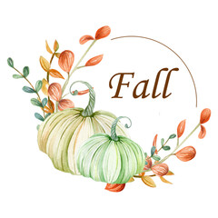 Watercolor illustration. A wreath of autumn leaves, twigs and pumpkins. Thanksgiving, autumn. Design for the decoration of autumn holidays. Postcard, cards