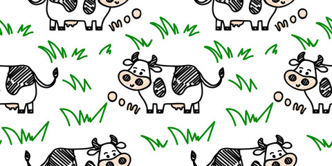 Vector smiling standing cow pattern with green grass. Seamless cute design in sketch doodle or marker style, outline. For textile prints, wrapping paper, packages etc.
