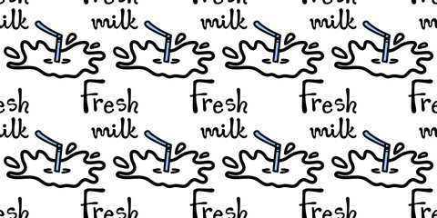 Vector pattern with Fresh milk lettering and straw in cow milk splash and drops on a white background. Seamless design, line doodle style for textile prints, funny wrapping paper, packages etc.