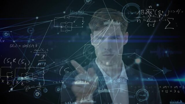 Man working on animated mathematical equations.