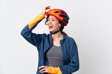 Young cyclist woman isolated on white background has realized something and intending the solution