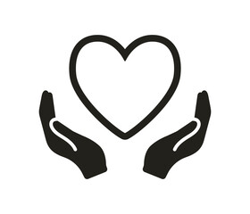 Heart between palms vector. Heart and hands icon  isolated.