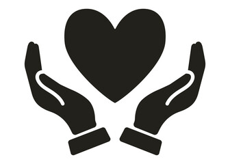 Black heart between palms. Heart and hands icon vector isolated.