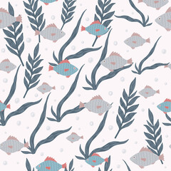 Seamless random pattern with pale navy blue fishes and seaweeds. White background. Marine backdrop.