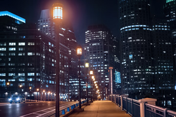 Cityscape of Boston at night in USA