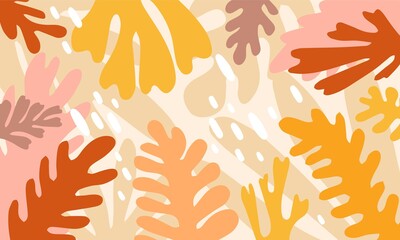 Abstract background with trendy organic shapes and leaves in autumn colors. Contemporary art backdrop design