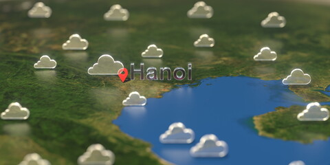 Cloudy weather icons near Hanoi city on the map, weather forecast related 3D rendering