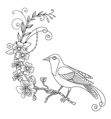 Line art vector bird with flowers composition