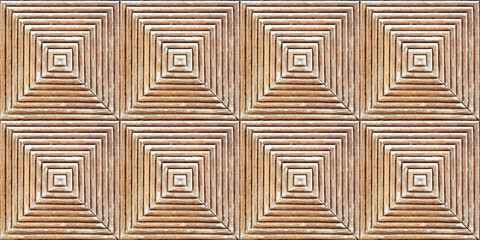 Seamless 3D Wooden background, Decorative relief tile, Wood texture ,Yellow and Brown perspective background that looks like a square tunnel. Wooden Panel, symmetrical zebrawood square table.