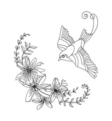 Contour vector flying bird with flowers composition