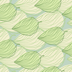 Creative stylized seamless outline leaf silhouettes. Green and yellow pastel light figures on blue background.