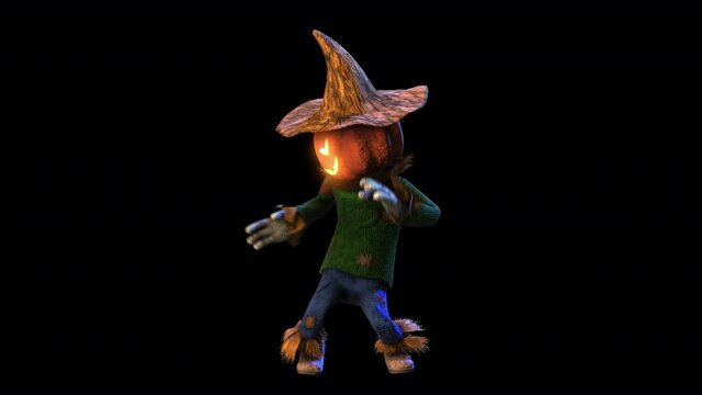 Seamless animation of a scarecrow silly dancing isolated with alpha channel. Funny cartoon character for Halloween background.