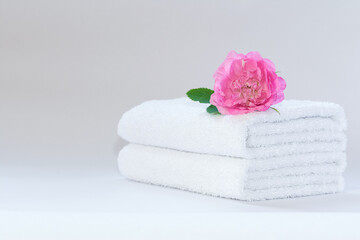 Two white neatly folded terry towels with a rose flower on a light background.