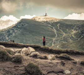Television relay tower station on Costila Peak in Bucegi mountains Romania. Black and white...