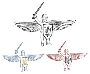 Set of vector sketches of the militant man - defender with sword and shield with Ukrainian coat of arms. Colored linear shaded drawings of a warrior with a trident on a shield
