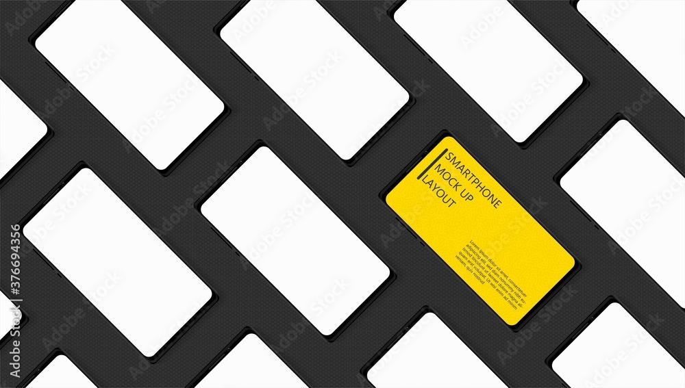 Wall mural vector isolated yellow smartphone and blank screen mock up isometric diagonal pattern on modern blac