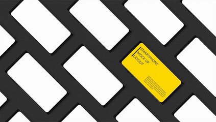 Vector isolated yellow smartphone and blank screen mock up isometric diagonal pattern on modern black hexagon background. Presentation template concept.