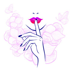 Beautiful woman face red lips, hand with black manicure nails, a finger with a varnish at the mouth. Beauty Logo. Vector illustration, spa salon, symbol, nails studio.