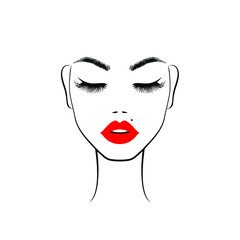 Beautiful woman face with red lips, eyebrows and lush eyelashes, eyes closed, sexy birthmark, black mole. Beauty Logo. Vector illustration.