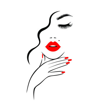 recommend clip art: Beautiful sexy face, red lips, hand with red manicure nails, fashion woman, element design, nails studio, curly hairstyle, hair salon sign, icon. Beauty Logo. Vector illustration. Hand drawing style.