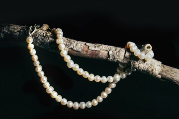 Pearl necklace on black background - 376695781