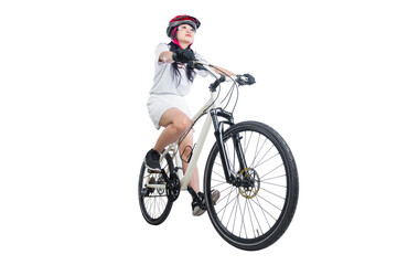 Asian woman with a bicycle helmet riding a bicycle
