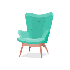 Stylish trendy model of an armchair in a trendy green color with armrests on wooden legs. Isolated vector illustration of cozy interior item in cartoon flat style. EPS