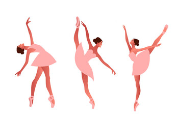 Ballerina and modern dancer flat vector set illustration. Beauty of classic ballet. Young graceful woman ballet dancer wearing tutu. Pointe shoes, pastel colours - obrazy, fototapety, plakaty