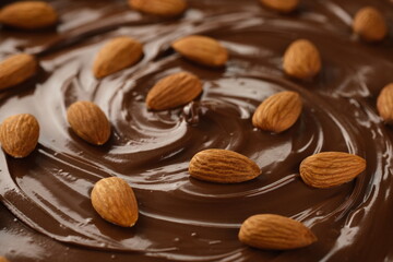 chocolate and nuts. melted chocolate and almond top view