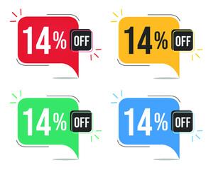 14% off. Red, yellow, green and blue tags with fourteen percent discount. Banner with four colorful balloons with special offers vector.