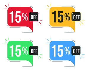 15% off. Red, yellow, green and blue tags with fifteen percent discount. Banner with four colorful balloons with special offers vector.