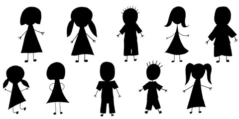 Naklejka premium simple kids set of silhouettes of boys and girls, doodling for paper design, fabric, interior. raster copy