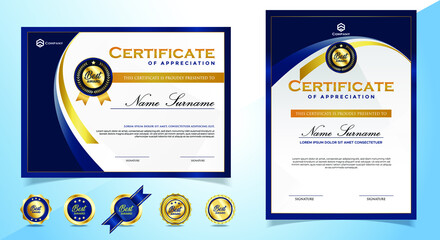 Elegant Blue and Gold Diploma Certificate template with Badge and Border