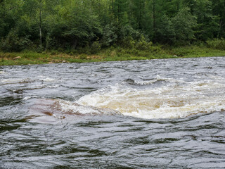 Rolling on a mountain river in summer dark water