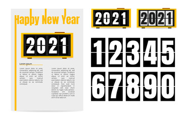 Happy new year 2021 template. Contains a flip clock and a set of numbers. Trendy vector illustration for web and print. Objects are isolated. Design for business promotion, banner or print.