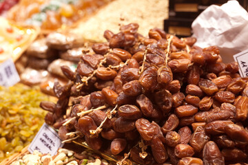 sweet dried dates on the counter in market