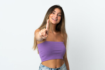 Young caucasian woman isolated  on white background showing and lifting a finger