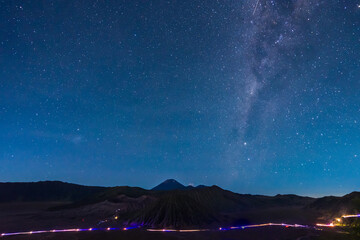 Extreme long exposure image showing star above the Bromo Volcano, Indonesia