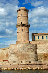Lighthouse of 'Fort St Jean' on the harbour entrance to Marseille