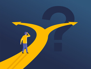 Confused man at crossroads before important choice (correct option choosing) - vector illustration for making an important decision or political voting