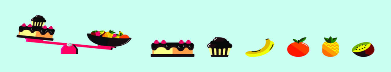 set of cake and fruit cartoon icon design template with various models. vector illustration