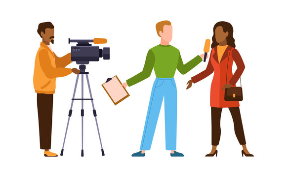 Press interview with cameraman. Journalist interviews woman. Newscaster and journalist profession. Operator holds camera and reporter with microphone, television industry flat vector concept