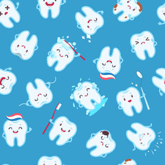 Cute teeth seamless pattern. Funny tooth characters with different emotions, children dentistry, dental care creative design textile, wrapping, wallpaper vector texture on blue background