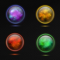 Fototapeta premium Magical sphere. Glass glowing 3d magic globe and shiny lightning, spiritual crystal orb, occult shine energy purple and yellow, red and green balls, colored realistic vector isolated set