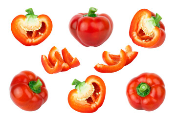 Red raw bell peppers, white background